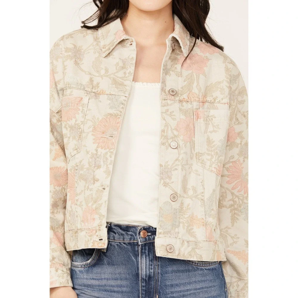 Free People Floral Printed Denim Jacket Sz S Small Distressed Jean NEW NWT